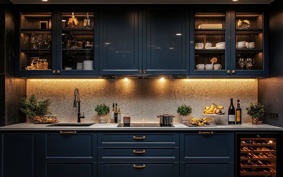 Dark blue kitchen cabinets with glass uppers, a finish that raises the question of cabinet refacing versus replacement