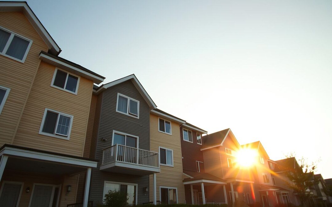 Row of homes at sunset, a reminder that remodel versus move starts with how much you value your location