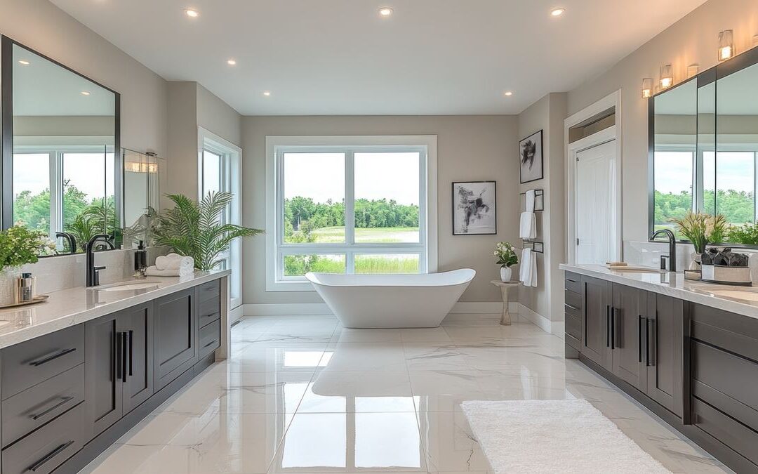 Primary bathroom with a freestanding tub and long vanities, a scope that raises a Sacramento bathroom remodel cost