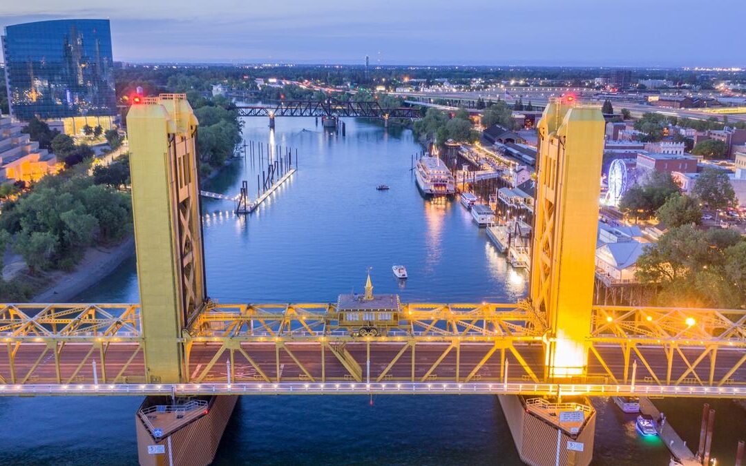 Tower Bridge over the Sacramento River at dusk, a reminder that Sacramento permit jurisdiction can change at city lines